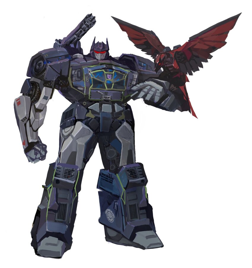 animal_on_arm assault_visor bird bird_on_arm decepticon full_body highres laserbeak looking_at_viewer mecha mecha_focus no_humans non-humanoid_robot redesign robot robot_animal robot_bird science_fiction shoulder_cannon simple_background solo soundwave_(transformers) subakeye transformers white_background