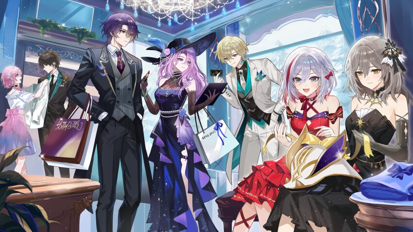 3boys 4girls alternate_costume aventurine_(honkai:_star_rail) bare_shoulders black_dress black_gloves black_hat bow closed_mouth dan_heng_(honkai:_star_rail) dr._ratio_(honkai:_star_rail) dress elbow_gloves fractalmagnolia gloves grey_hair hair_between_eyes hat highres honkai:_star_rail honkai_(series) indoors jade_(honkai:_star_rail) long_sleeves march_7th_(honkai:_star_rail) multicolored_hair multiple_boys multiple_girls numby_(honkai:_star_rail) open_mouth pink_hair purple_hair red_bow red_dress short_hair sleeveless sleeveless_dress slice_of_life smile standing stelle_(honkai:_star_rail) streaked_hair topaz_(honkai:_star_rail) trailblazer_(honkai:_star_rail) trotter_(honkai:_star_rail)