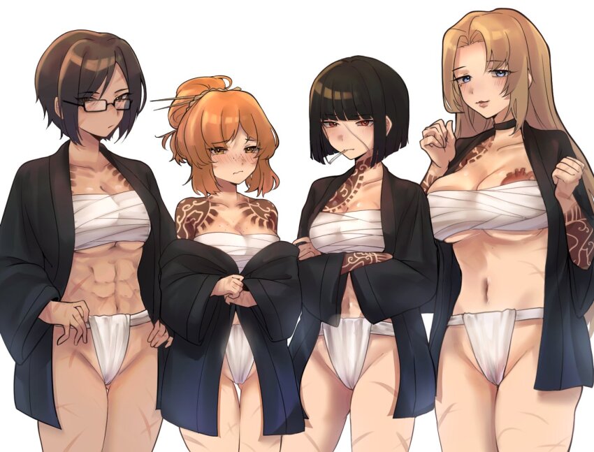 4girls abs alternate_breast_size_(larger) bangohan_tsubuyakitarou black_hair black_jacket bob_cut breasts brown_hair chest_sarashi cowboy_shot crossed_arms fundoshi glasses hair_bun hair_ornament hair_stick haori ishmael_(project_moon) jacket japanese_clothes kurokumo_clan_(identity)_(project_moon) large_breasts limbus_company looking_at_viewer multiple_girls orange_hair outis_(project_moon) parted_bangs project_moon red_eyes rodion_(project_moon) ryoshu_(project_moon) sarashi short_hair sidelocks