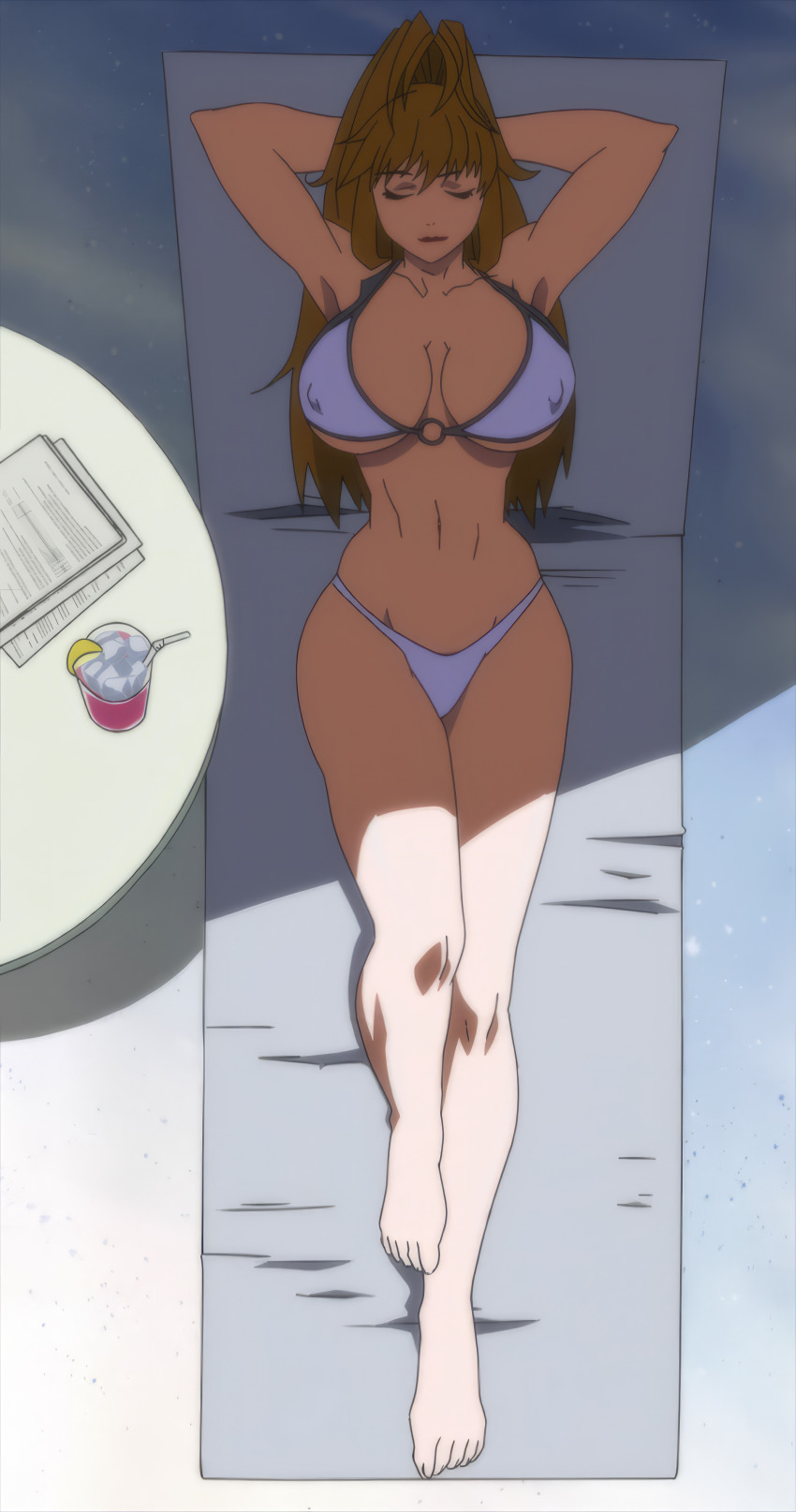 1girl absurdres armpits arms_behind_head beach bikini breasts brown_hair choujuushin_gravion cleavage closed_eyes curvy feet highres huge_breasts legs lying navel oobari_masami ponytail red_lips smile solo stitched swimsuit tachibana_mizuki thick_thighs thighs third-party_edit thong_bikini toned towel
