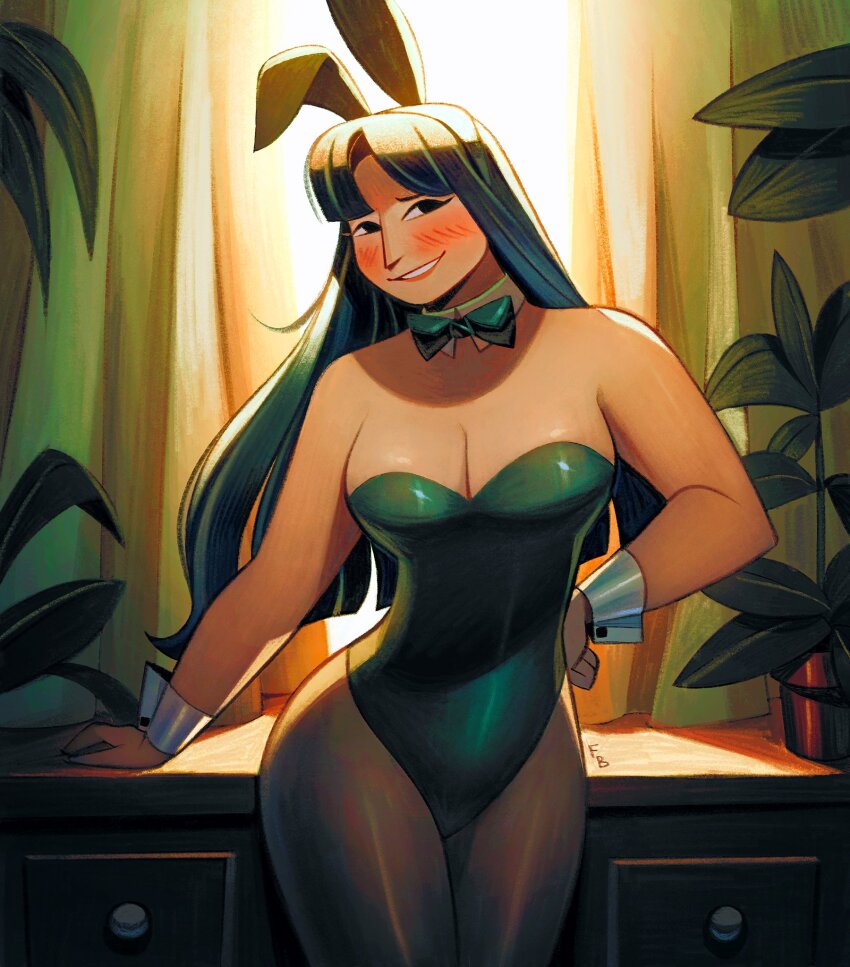 1girl animal_ears black_hair black_leotard blush breasts cleavage commentary cropped_legs curtains fake_animal_ears flower flower_pot friedbaens hand_on_back highres large_breasts leotard long_hair looking_at_viewer original pantyhose playboy_bunny rabbit_ears signature smile solo standing strapless strapless_leotard sunlight symbol-only_commentary teeth window