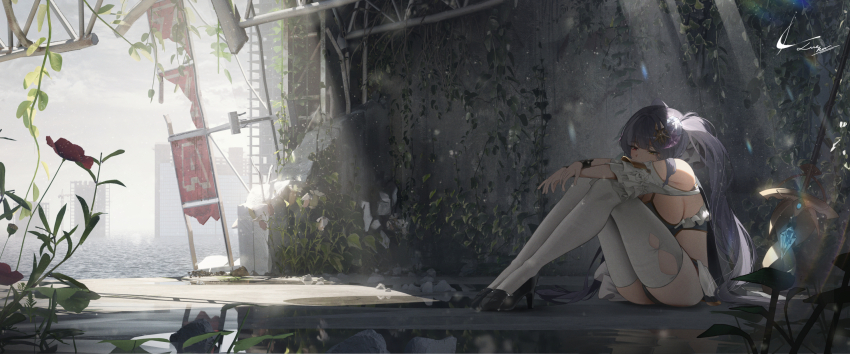 1girl black_footwear breasts building flower green_eyes grey_hair hair_between_eyes high_heels highres ivy large_breasts long_hair luenar multicolored_hair ocean on_floor original overgrown plant polearm ponytail poppy_(flower) puddle rebar red_eyes red_flower reflection reflective_water rubble ruins skyscraper thighhighs torn_clothes torn_thighhighs water weapon weeds white_thighhighs