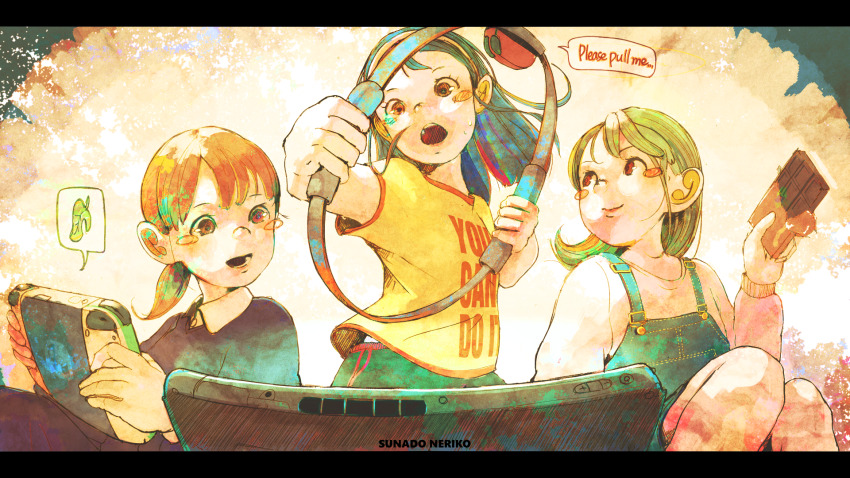 3girls animal_crossing black_hair blush_stickers candy chocolate chocolate_bar collared_shirt english_text food funeumi handheld_game_console highres holding holding_chocolate holding_food holding_handheld_game_console leaf letterboxed multiple_girls nintendo nintendo_switch open_mouth original overalls painting_(medium) ponytail ring_fit_adventure shirt speech_bubble spoken_object sweater traditional_media watercolor_(medium) yellow_shirt