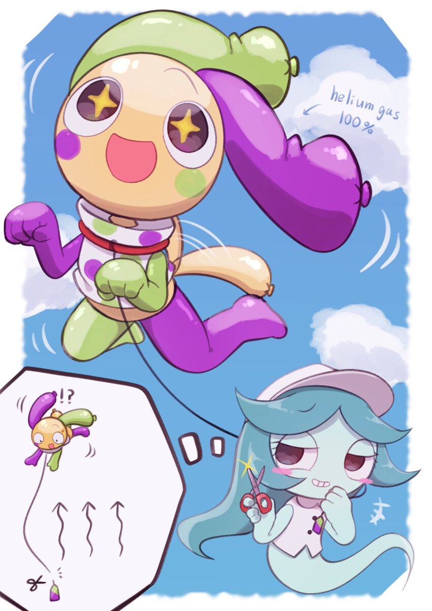 1boy 1girl animal_collar aqua_hair balloon black_eyes blue_hair blush_stickers chibi chibi_inset chibi_only cloud cloudy_sky collar colored_skin connie_(dandy&#039;s_world) dandy&#039;s_world english_text ghost ghost_tail hat highres k2s2kv leash looey_(dandy&#039;s_world) motion_lines polka_dot polka_dot_shirt roblox scissors shirt sky sparkling_eyes tail white_hat white_shirt