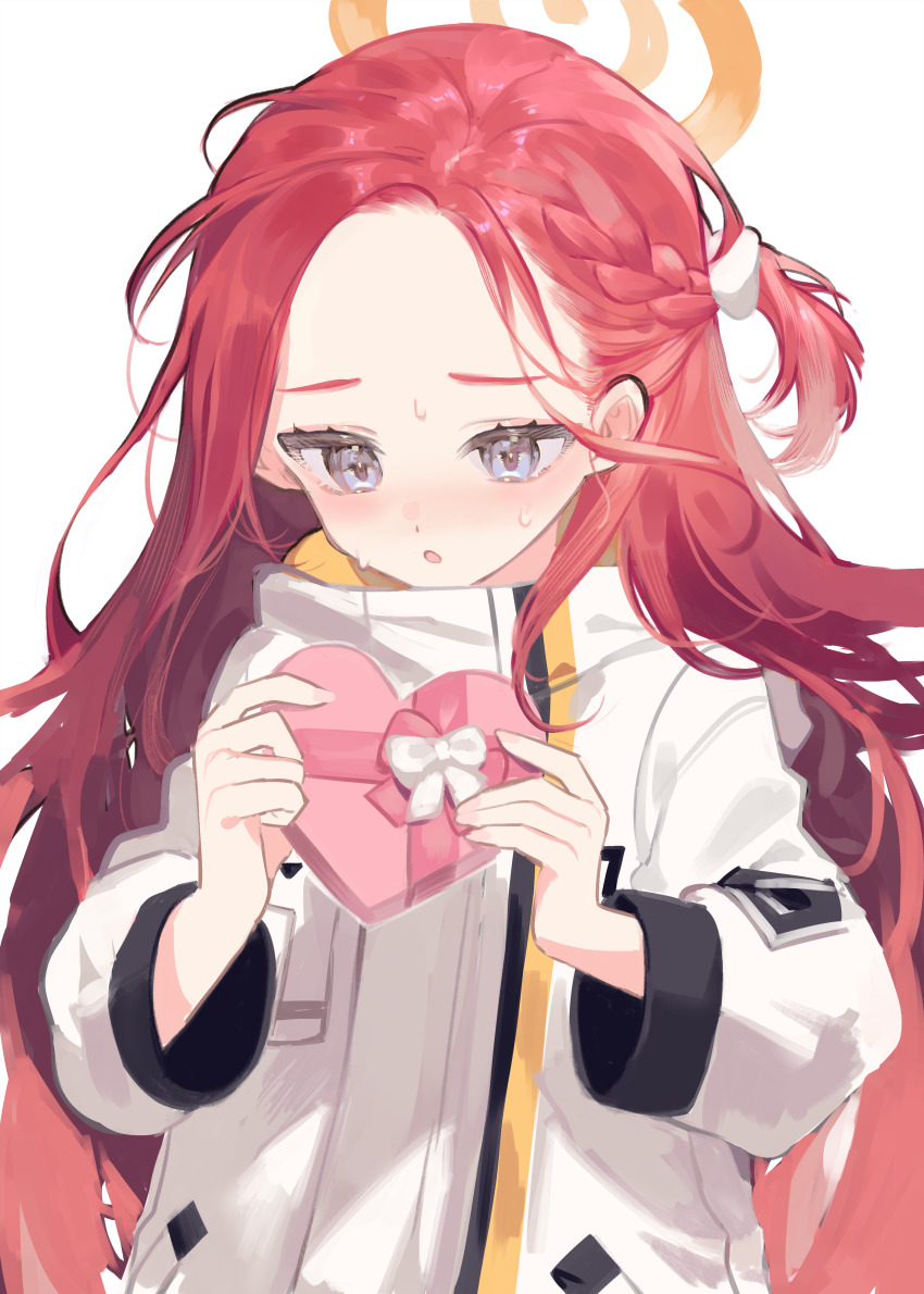 1girl :o absurdres blue_archive blue_eyes blush bow box braid commentary forehead gift hair_bow halo heart-shaped_box highres holding holding_box holding_gift jacket long_hair long_sleeves messy_hair nr_star one_side_up orange_halo parted_lips power_symbol red_hair simple_background single_braid solo sweat upper_body very_long_hair white_background white_bow white_jacket yuzu_(blue_archive)