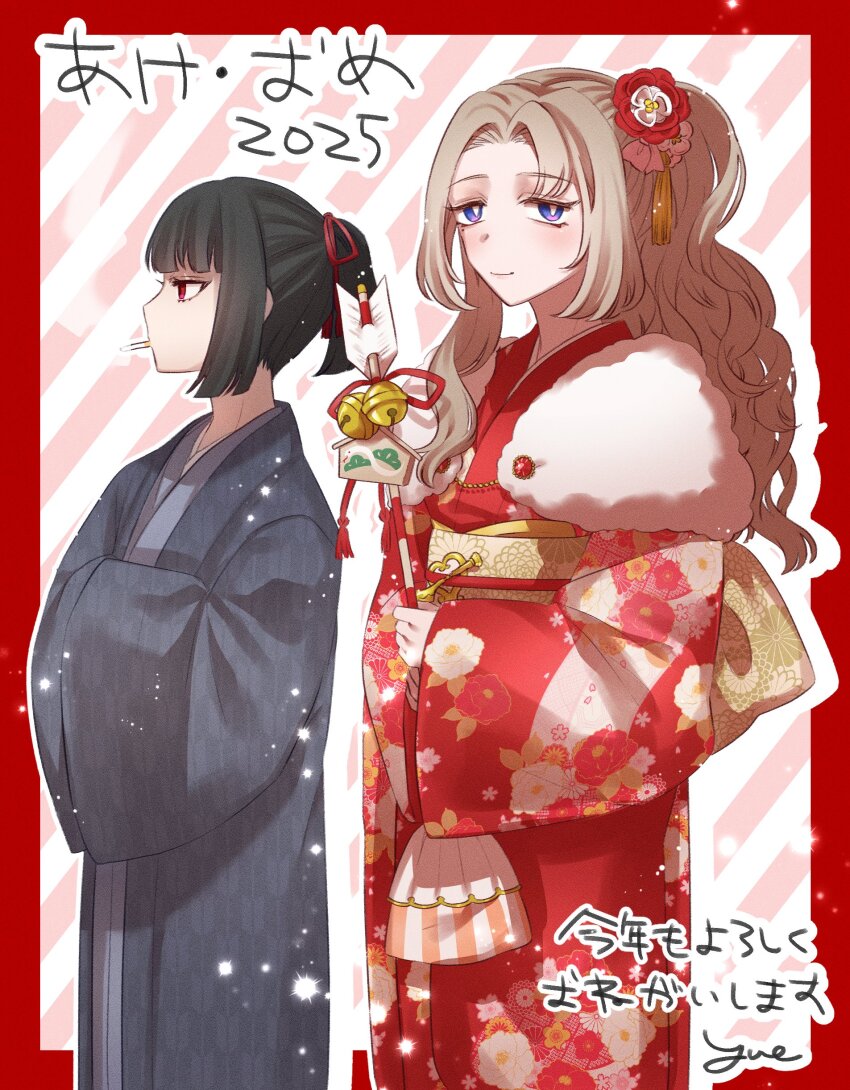 2girls absurdres alternate_costume alternate_hairstyle bell black_hair blue_eyes blue_kimono border brown_hair flower fur_collar hair_ornament half_updo highres japanese_clothes jingle_bell kimono limbus_company long_hair looking_at_viewer multiple_girls parted_bangs pink_background ponytail project_moon red_border red_eyes red_flower red_kimono rodion_(project_moon) ryoshu_(project_moon) sash simple_background smoking standing upper_body yellow_sash yue_doux