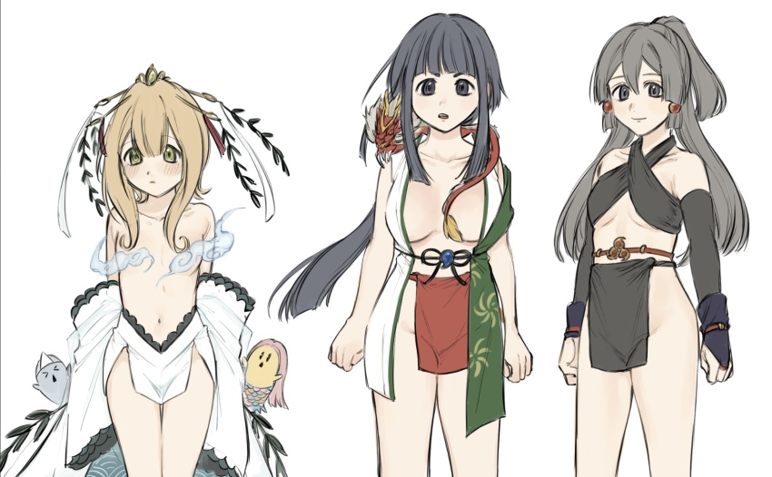 3girls black_hair blonde_hair blunt_bangs breasts cleavage closed_eyes closed_mouth cloud detached_sleeves dragon green_eyes highres japanese_clothes large_breasts long_hair long_sleeves looking_at_viewer magia_record:_mahou_shoujo_madoka_magica_gaiden magical_girl mahou_shoujo_madoka_magica mandragora multiple_girls navel official_alternate_costume open_mouth partially_undressed pelvic_curtain ponytail satori_kagome satori_kagome_(100_demons_ver.) sidelocks simple_background small_breasts standing tatsuki_asuka tatsuki_asuka_(new_year&#039;s_dragon_god_ver.) tokime_shizuka tokime_shizuka_(hatsuhinode_ver.) white_background yukishiro_(hitsuji)