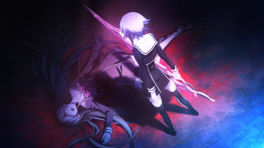 2girls black_dress black_jacket black_thighhighs bleeding blood blood_on_clothes blood_splatter blood_stain bow brown_shoes buckle chaos;child chest_bow closed_eyes collarbone covered_kneepits cropped_jacket cuts d-sword dark deep_wound dim_lighting dress dying from_above from_behind game_cg glowing glowing_weapon hair_between_eyes hair_ribbon hekiho_academy hekiho_academy_school_uniform highres holding holding_sword holding_weapon injury jacket kneepits kurusu_nono loafers long_hair long_sleeves lying miniskirt multiple_girls nape official_art on_back onoe_serika open_mouth pain pink_bow pink_hair pink_sword pool_of_blood ribbon sailor_collar sailor_shirt sasaki_mutsumi school_emblem shirt shoes short_hair short_hair_with_long_locks skirt socks standing sword thighhighs tongue torn_clothes weapon white_sailor_collar white_socks zettai_ryouiki