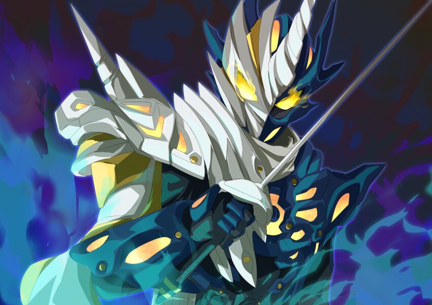 1boy absurdres alchemist alchemist_academy_school_uniform alternate_form animification armor black_armor black_bodysuit blue_armor blue_gloves bodysuit gauntlets gloves glowing glowing_eyes green_background highres holding holding_sword holding_weapon kamen_rider kamen_rider_dread kamen_rider_gotchard_(series) looking_at_viewer male_focus miyabi_(037) official_alternate_costume rapier rider_belt scarf shoulder_armor side_cape signature skeleton solo sword tokusatsu torn_clothes torn_scarf type_one_form unicorn upper_body weapon white_scarf yellow_eyes