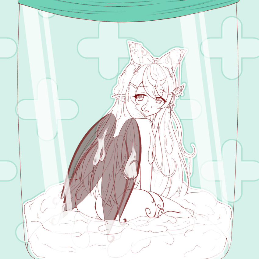 cum cum_on_body cum_on_hair cum_on_wings cum_pool facial fairy fairy_wings highres in_container in_jar jar kisaragi_1go kneeling nijisanji nijisanji_en nude pointy_ears pomu_rainpuff pomu_rainpuff_(1st_costume) virtual_youtuber wings
