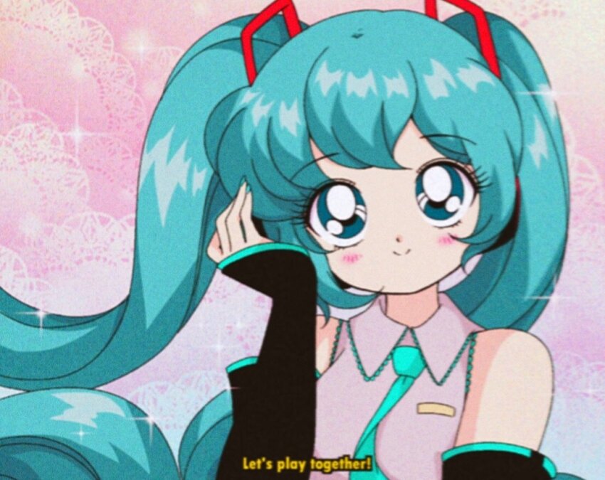 1990s_(style) 1girl aqua_eyes aqua_hair aqua_nails aqua_necktie bad_id bad_twitter_id bare_shoulders bishoujo_senshi_sailor_moon black_sleeves breast_pocket closed_mouth collared_shirt commentary detached_sleeves dot_nose english_commentary english_text eyelashes fake_screenshot faux_retro_artstyle film_grain floating_hair grey_shirt hair_ornament hand_on_headphones happy hatsune_miku headphones honeymoonpetal lace lace-trimmed_shirt lace_background lace_trim light_blush long_hair long_sleeves looking_at_viewer nail_polish necktie parody pink_background pocket retro_artstyle shirt sleeveless sleeveless_shirt sleeves_past_wrists smile solo sparkle style_parody tareme twintails upper_body very_long_hair vocaloid wind