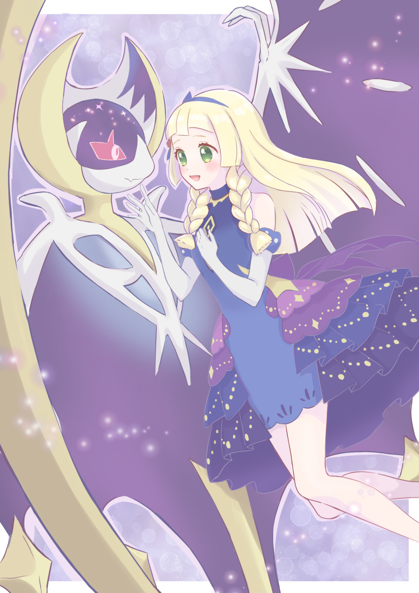 025sakura393 1girl :d absurdres blonde_hair blue_dress blue_hairband blunt_bangs braid commentary_request dress elbow_gloves gen_7_pokemon gloves green_eyes hairband hands_up highres legendary_pokemon lillie_(anniversary_2021)_(pokemon) lillie_(pokemon) long_hair lunala nintendo official_alternate_costume open_mouth pokemon pokemon_(creature) pokemon_masters_ex sleeveless sleeveless_dress smile twin_braids white_gloves