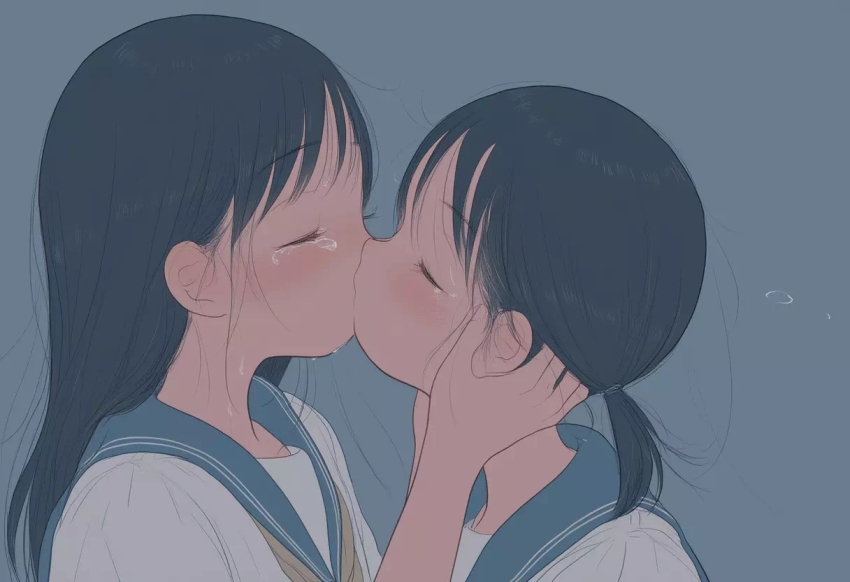 2girls asian black_hair child closed_eyes hand_on_another&#039;s_face kiss kodomo_doushi long_hair multiple_girls original simple_background tears upper_body yuri