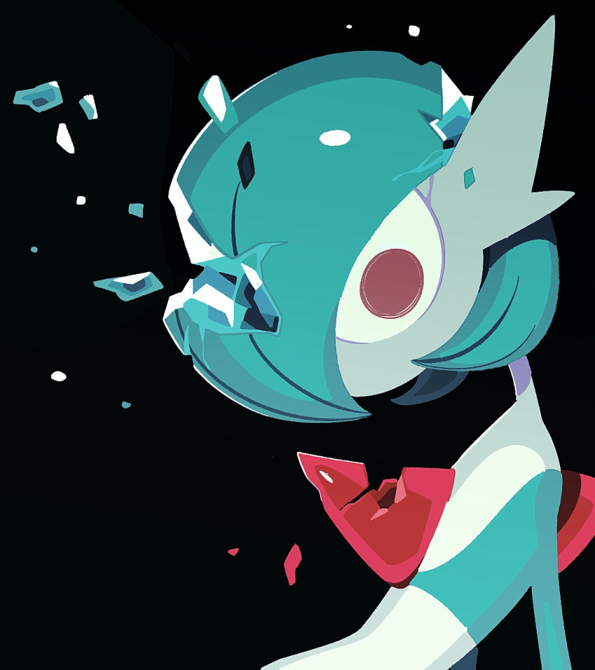 akira_kira bad_id bad_twitter_id black_background bob_cut colored_skin gardevoir gen_3_pokemon green_hair green_skin hair_over_one_eye highres multicolored_skin nintendo pink_eyes pokemon pokemon_(creature) shattered simple_background two-tone_skin white_skin