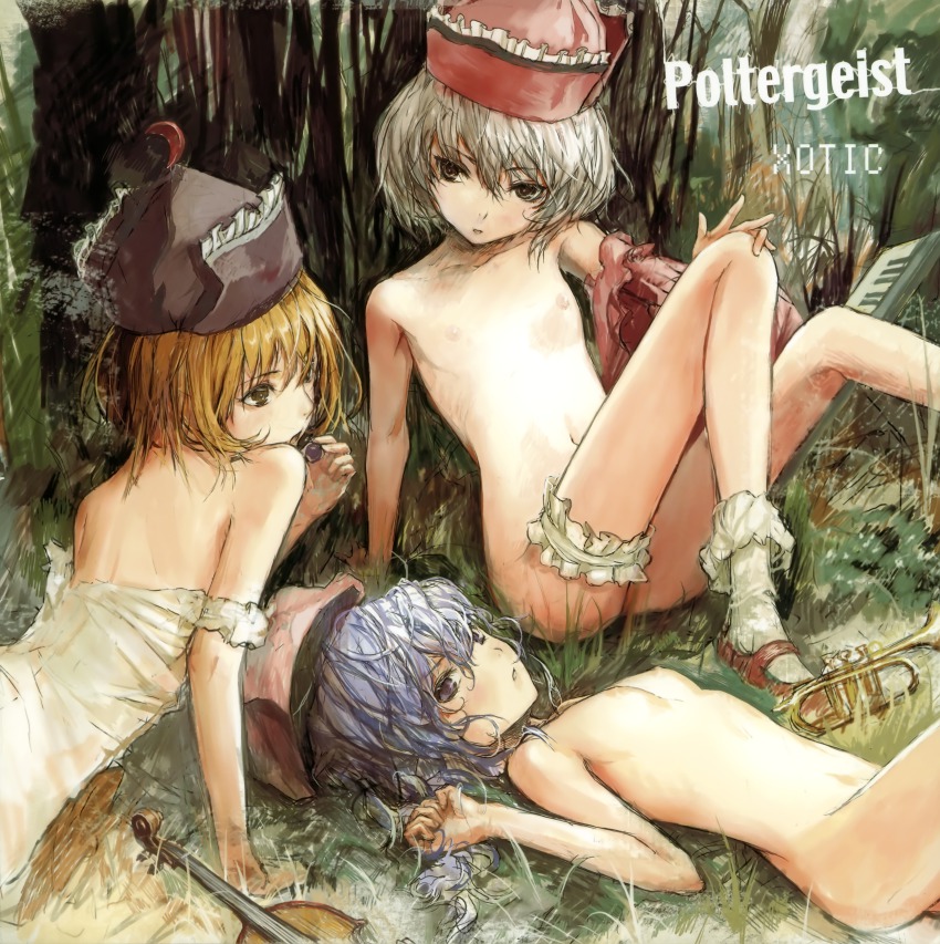 3girls absurdres alternate_hair_color blonde_hair blue_hair brown_hair flat_chest frilled_thigh_strap fuyuno_haruaki highres instrument keyboard_(instrument) lunasa_prismriver lyrica_prismriver merlin_prismriver multiple_girls nude off_shoulder siblings sisters thigh_strap touhou trumpet violin