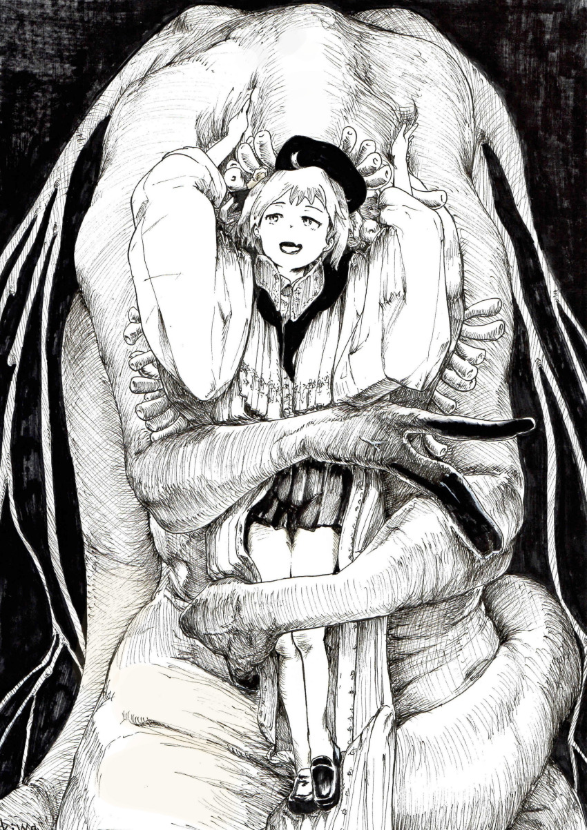 2girls absurdres beret black_headwear black_skirt bloodborne brown_eyes collared_shirt ebrietas_daughter_of_the_cosmos eldritch_abomination greyscale hat hatoba_tsugu highres hug hug_from_behind kiwa_(soek) monochrome monster multiple_girls shirt skirt suspender_skirt suspenders traditional_media tsugu_(vtuber) virtual_youtuber yuri