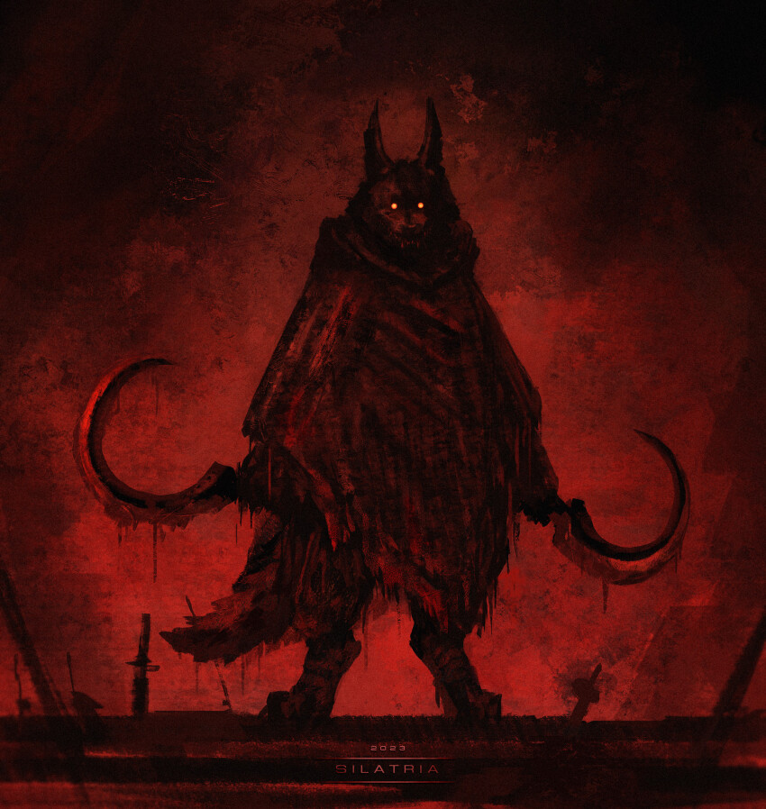 1boy 2023 animal_ears animal_nose artist_name cloak death_(puss_in_boots) dual_wielding furry furry_male glowing glowing_eyes highres holding holding_weapon hood hooded_cloak puss_in_boots:_the_last_wish red_eyes red_theme sharp_teeth shrek_(series) sickle silatria solo teeth weapon wolf wolf_boy wolf_ears