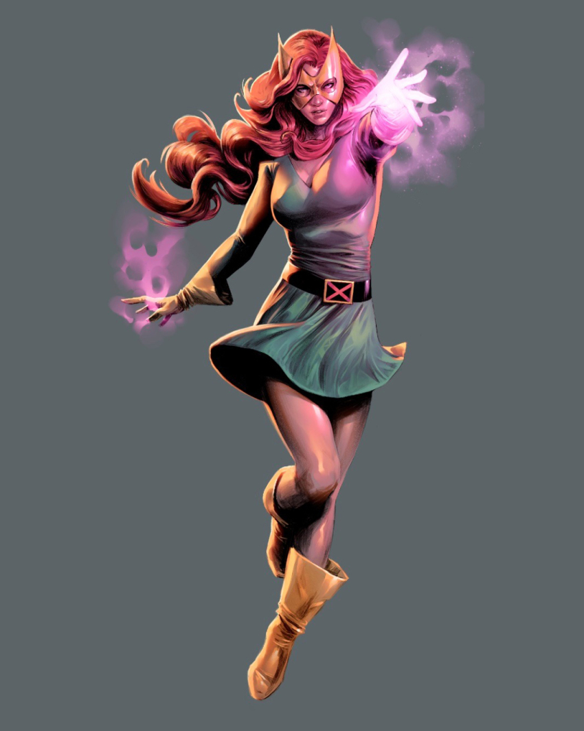 1girl aura boots carmen_carnero dress full_body gloves green_dress grey_background highres jean_grey long_hair looking_at_viewer magic marvel marvel_girl mask red_hair simple_background solo x-men yellow_boots