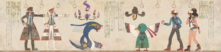 1girl 3boys ancient_egyptian bag baseball_cap bird boots chandelure coat eelektross egypt emmet_(pokemon) fine_art_parody gen_2_pokemon gen_5_pokemon hat hieroglyphics hieroglyphs highres hilbert_(pokemon) hilda_(pokemon) holding holding_poke_ball honnomusi323 ingo_(pokemon) long_image multiple_boys necktie nintendo parody peaked_cap pointing poke_ball pokemon pokemon_(creature) pokemon_bw ponytail short_shorts shorts subway train train_interior trench_coat unown unown_a unown_b unown_c unown_d unown_e unown_g unown_h unown_i unown_k unown_l unown_m unown_n unown_o unown_r unown_s unown_t unown_u unown_w unown_y wide_image xatu yamask
