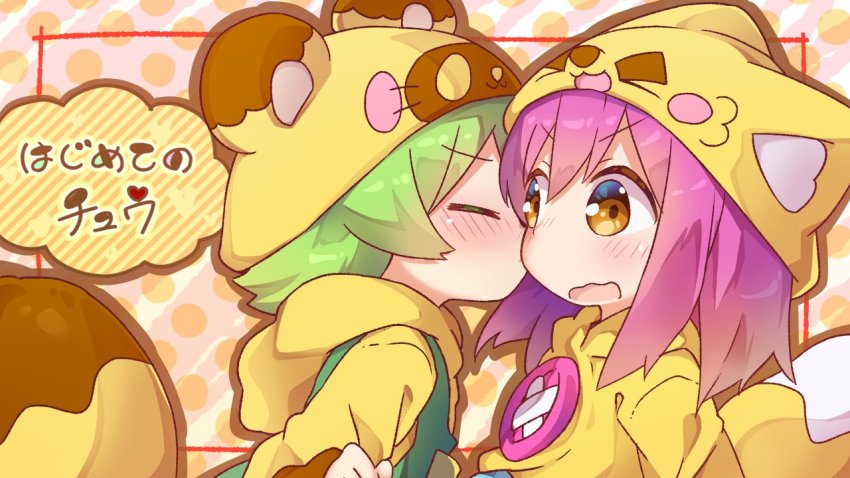 1boy 1girl blush botan-kun brown_eyes closed_eyes fox_hat green_hair hair_between_eyes hetero kiss kissing_cheek nipeira original pink_hair raccoon_hat raccoon_tail tail yuzuwa-chan