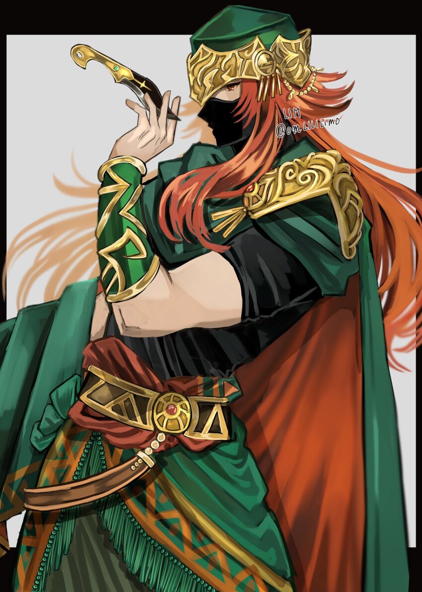 1boy cape dagger fire_emblem fire_emblem:_the_sacred_stones fire_emblem_heroes green_cape highres holding holding_dagger holding_knife holding_weapon joshua_(fire_emblem) joshua_(resolute_tempest)_(fire_emblem) knife long_hair male_focus mouth_veil nintendo official_alternate_costume omlililimo red_eyes red_hair solo veil weapon