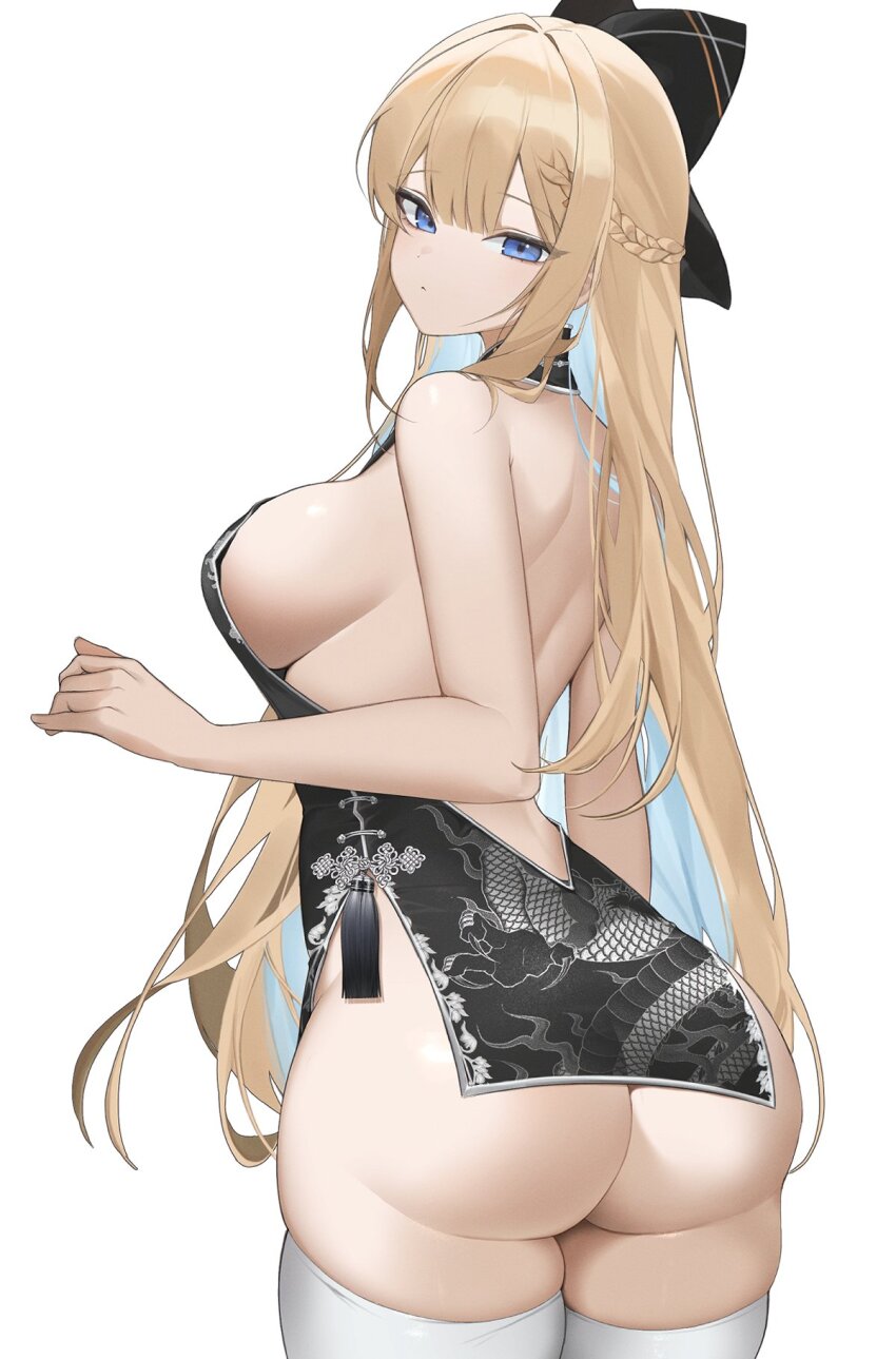 1girl ass backless_dress backless_outfit bare_arms bare_back bare_shoulders black_dress blonde_hair blue_eyes bow braid breasts china_dress chinese_clothes chiromi colored_inner_hair commission cowboy_shot dress from_behind hair_bow highres long_hair looking_at_viewer looking_back median_furrow medium_breasts multicolored_hair no_bra no_panties original pelvic_curtain print_dress short_dress sideboob simple_background skindentation sleeveless sleeveless_dress solo sonya_(schan) tassel thighhighs very_long_hair white_background white_thighhighs