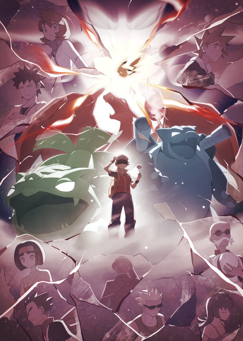 3girls 6+boys absurdres backpack bag baseball_cap black_jacket blaine_(pokemon) blastoise blue_oak blue_pants brock_(pokemon) brown_hair charizard erika_(pokemon) facial_hair gen_1_pokemon giovanni_(pokemon) hat headband highres jacket japanese_clothes jewelry kimono koga_(pokemon) misty_(pokemon) multiple_boys multiple_girls mustache necklace nintendo obi odd_(hin_yari) orange_eyes orange_hair pants pikachu poke_ball poke_ball_(basic) pokemon pokemon_(creature) pokemon_frlg red_(pokemon) red_hat red_jacket sabrina_(pokemon) sash spiked_hair sunglasses surge_(pokemon) tank_top venusaur white_hat yellow_bag yellow_kimono