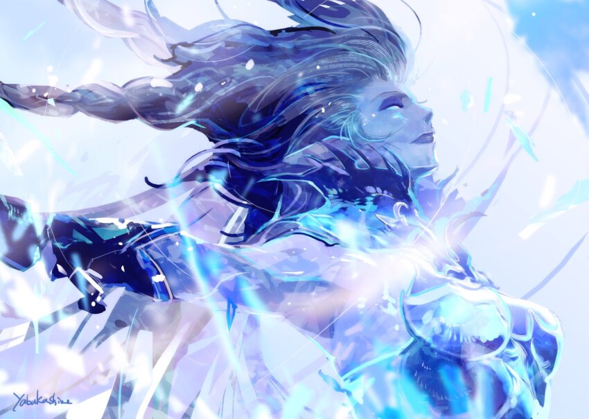 1girl artist_name blue_bodysuit blue_eyes blue_hair blue_lips blue_skin blue_theme bodysuit colored_skin detached_sleeves final_fantasy final_fantasy_xiv from_side medium_hair outstretched_arms pointy_ears shiva_(final_fantasy) signature solo upper_body yabuka_shiwa