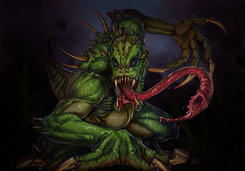 absurdres black_background black_sclera chupacabra claws colored_sclera colored_skin commentary english_commentary full_body green_skin hand_on_ground highres hold111 long_tongue monster monster_focus ninja_slayer no_humans no_pupils open_mouth saliva sharp_teeth spines tail teeth tongue very_long_tongue