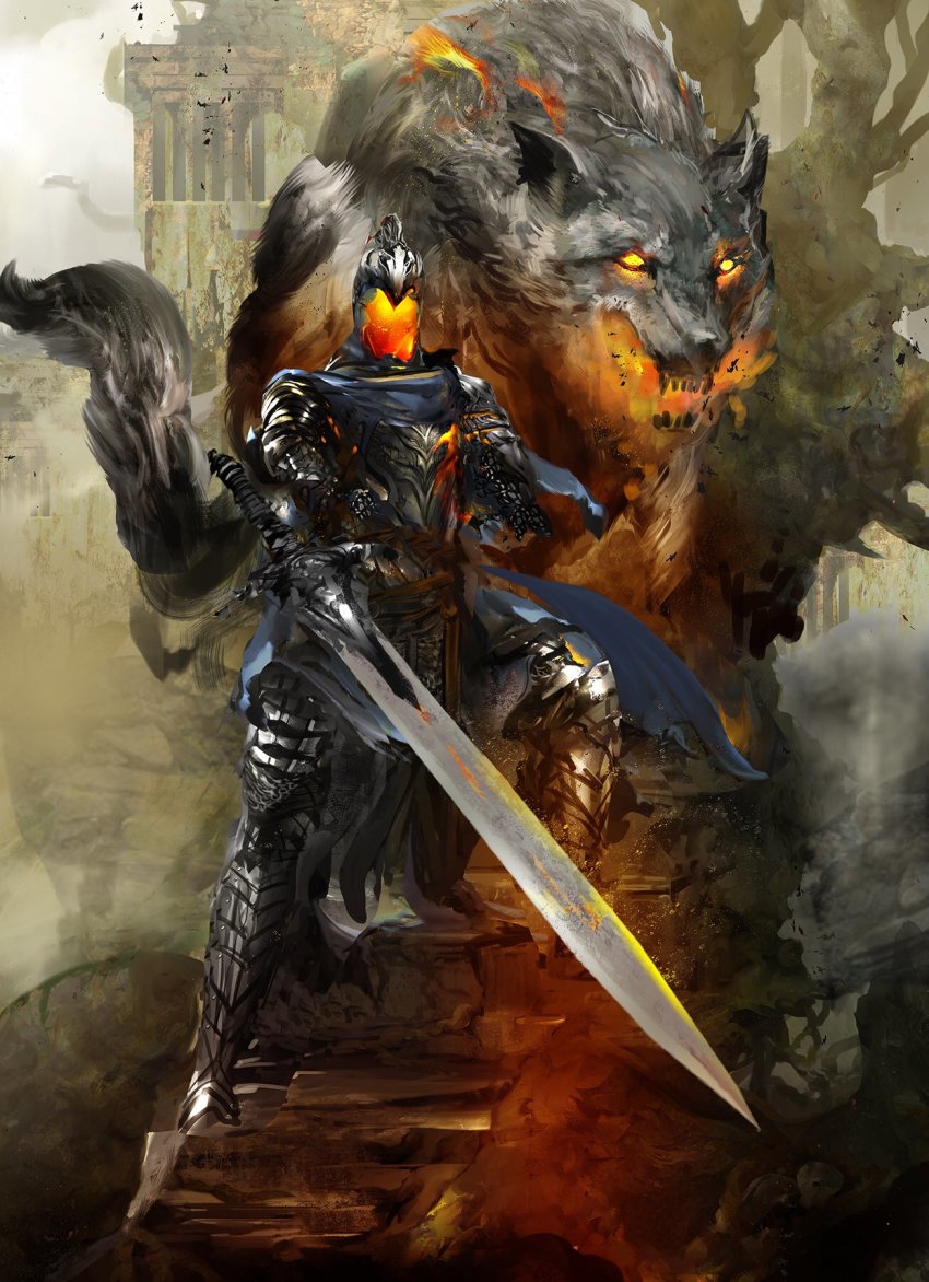 1boy animal armor artorias_the_abysswalker blue_cape breath_weapon breathing_fire cape cloud cloudy_sky dark_souls_(series) dark_souls_i day debris embers faceless fangs fire fire_body flaming_eyes flaming_sword flaming_weapon full_armor great_grey_wolf_sif grey_wolf highres kekai_kotaki knight light_rays long_sword looking_at_viewer oversized_animal ruins severed_arm severed_limb shield sky stairs standing sunlight sword torn_cape torn_clothes tree unfinished weapon wolf