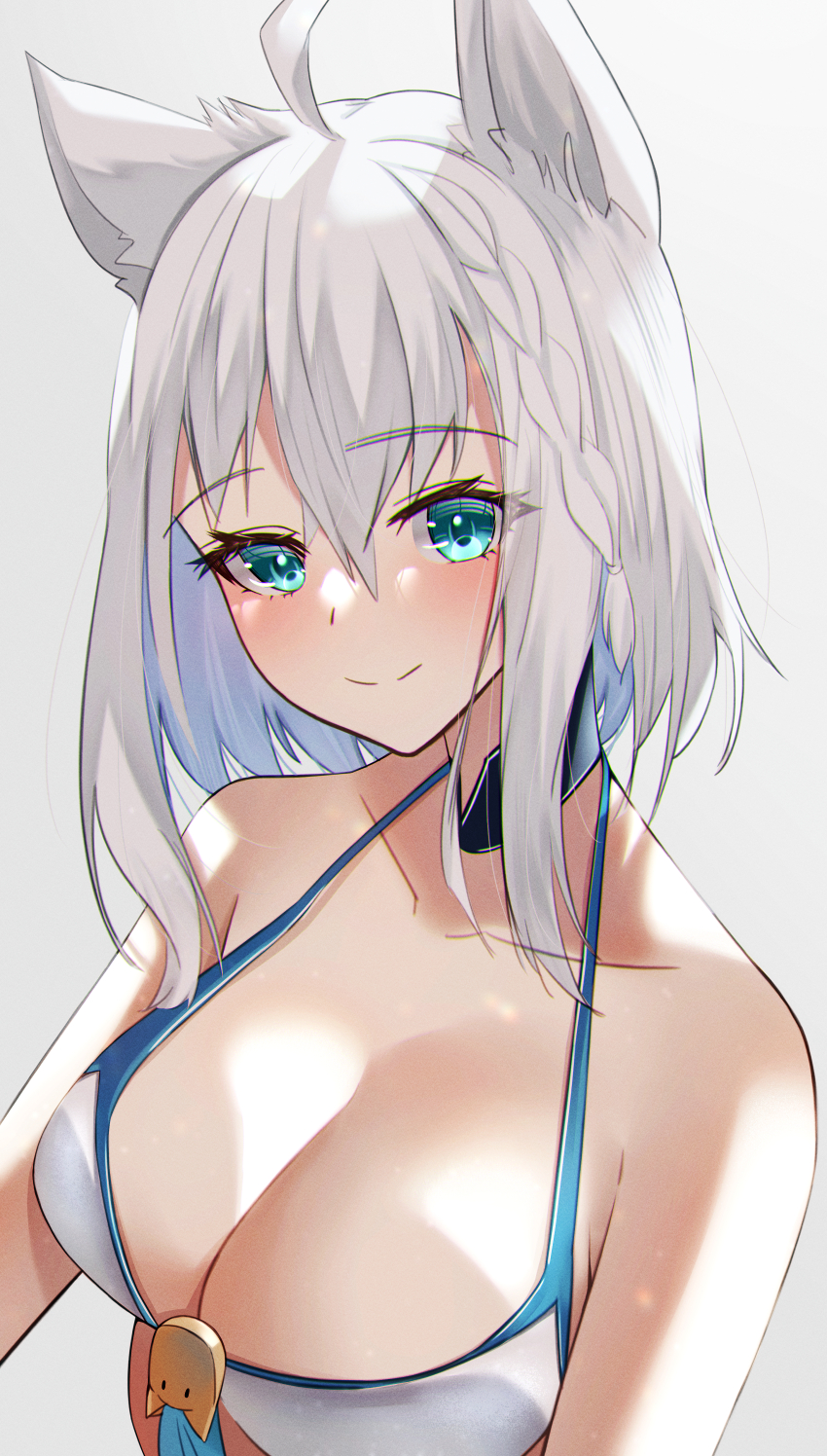 1girl absurdres ahoge animal_ear_fluff animal_ears aqua_eyes bare_shoulders bikini blush braid breasts closed_mouth collarbone fox_ears fox_girl grey_hair hair_between_eyes highres hololive katagiri_nanoka large_breasts long_hair looking_at_viewer shirakami_fubuki side_braid simple_background smile solo swimsuit upper_body virtual_youtuber white_bikini white_hair