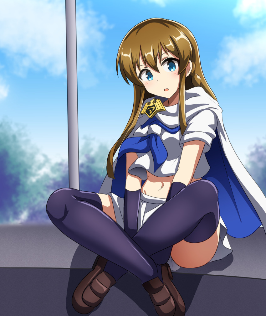 amulet black_gloves black_thighhighs blue_neckerchief braid brown_hair cloak crop_top crossed_legs dot_nose gloves green_eyes highres idol_heroes_(idolmaster) idolmaster idolmaster_million_live! indian_style kousaka_umi loafers long_hair looking_at_viewer mighty_sailor miniskirt navel neckerchief okutanro open_mouth outdoors parted_lips pleated_skirt shirt shoes sitting skirt thighhighs white_cloak white_shirt white_skirt
