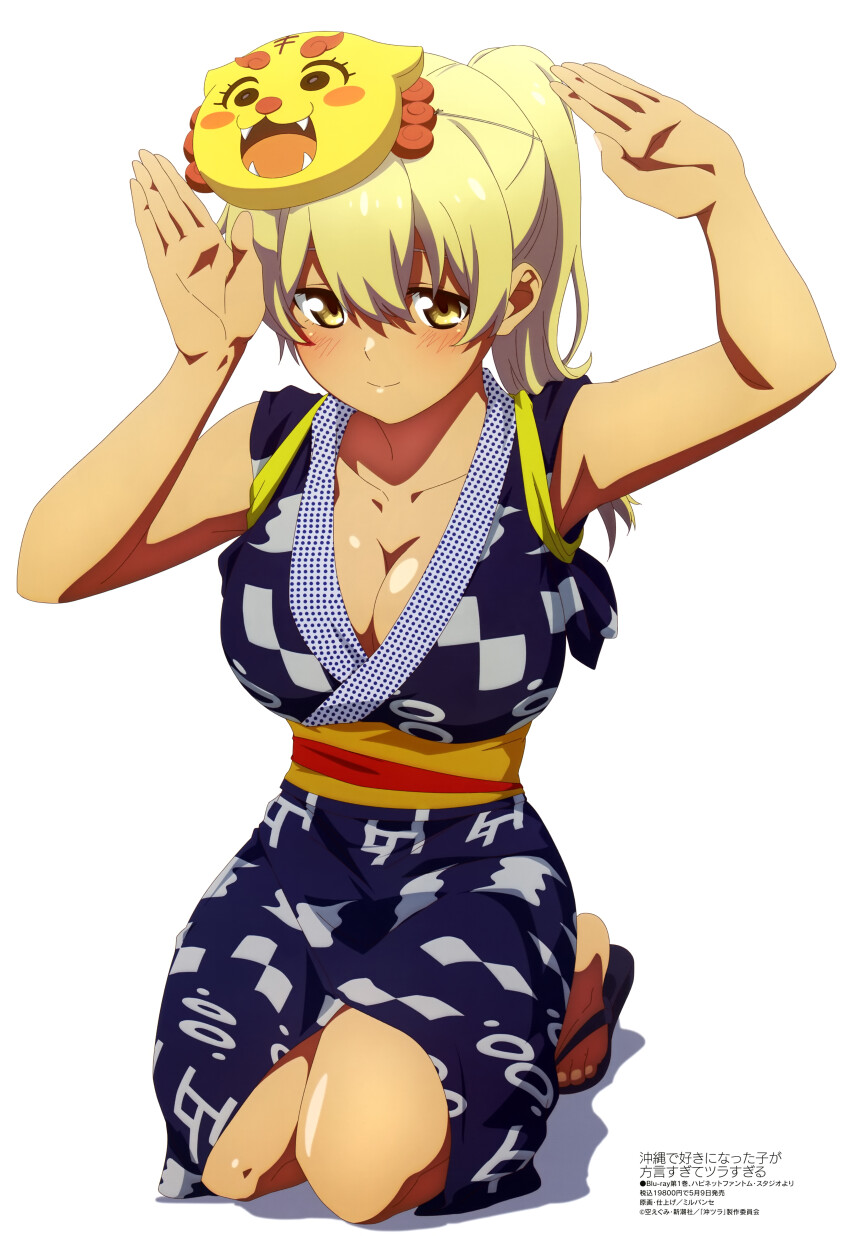 1girl absurdres arms_up blonde_hair blush breasts cleavage collarbone higa_kana high_ponytail highres japanese_clothes kimono kneeling large_breasts long_hair looking_at_viewer magazine_scan mask mask_on_head megami_magazine official_art okinawa_de_suki_ni_natta_ko_ga_hougen_sugite_tsurasugiru ponytail sandals scan simple_background smile solo thighs white_background yellow_eyes