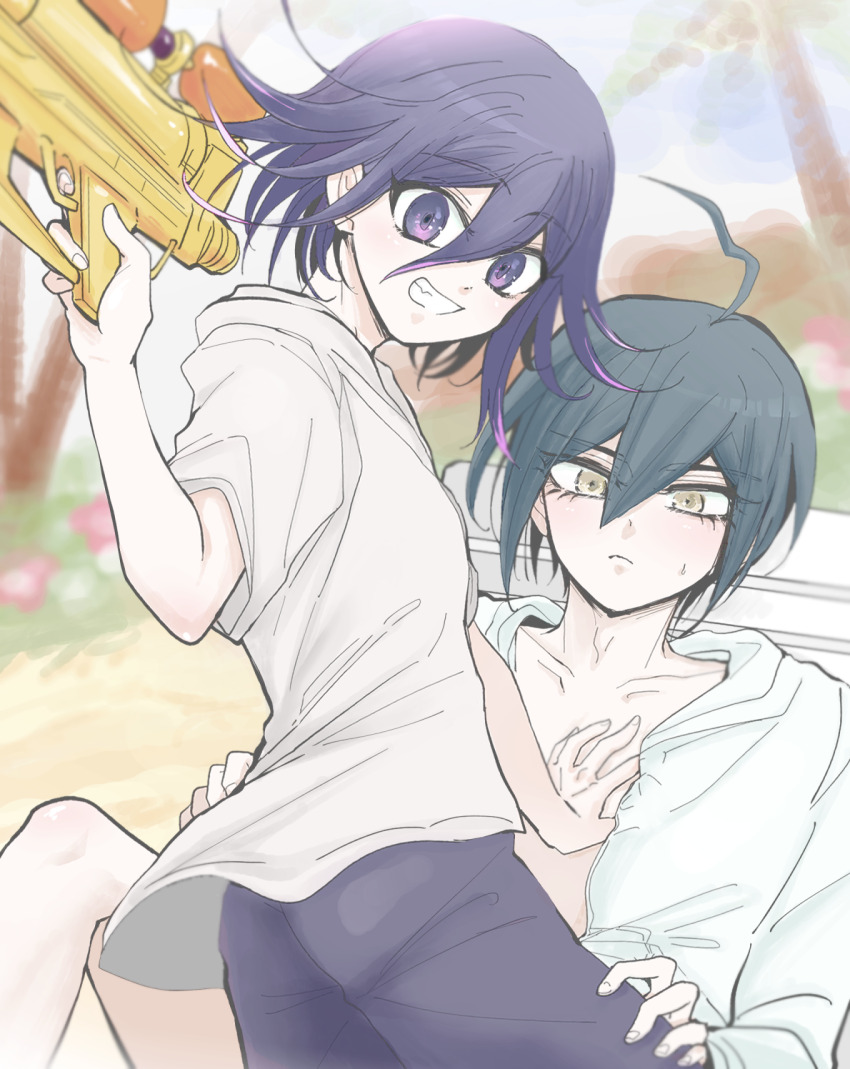 2boys ahoge black_hair blush brown_eyes collarbone commentary_request danganronpa_(series) danganronpa_s:_ultimate_summer_camp danganronpa_v3:_killing_harmony eyelashes flipped_hair from_behind grin hair_between_eyes hand_on_another&#039;s_chest highres holding holding_water_gun hood hoodie long_sleeves looking_at_viewer male_focus male_swimwear medium_hair multiple_boys official_alternate_costume oma_kokichi open_clothes open_hoodie outdoors purple_eyes purple_hair saihara_shuichi short_hair shorts sitting smile suzuko_(katahaba_v3) teeth water_gun white_hoodie