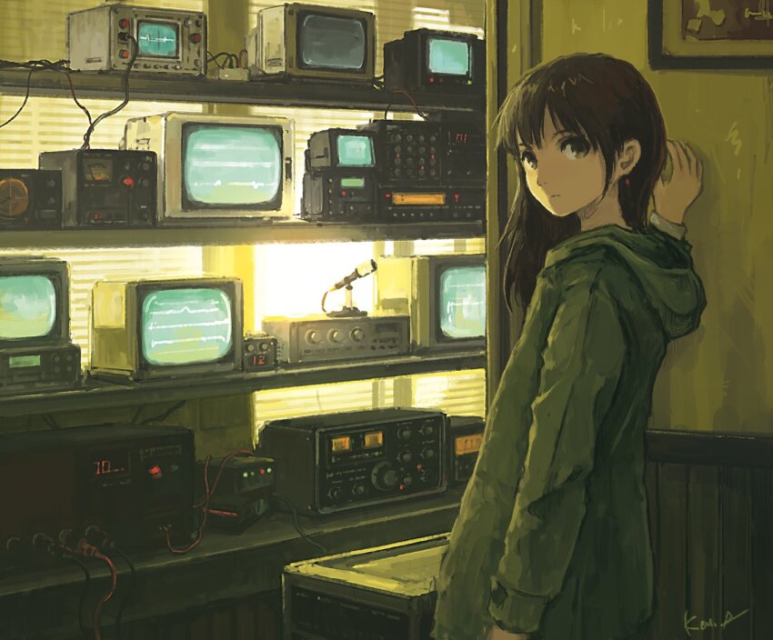 1girl brown_eyes brown_hair crt earrings hood hooded_coat jewelry kensight328 long_hair looking_to_the_side microphone monitor original oscilloscope picture_frame signature solo standing window wire