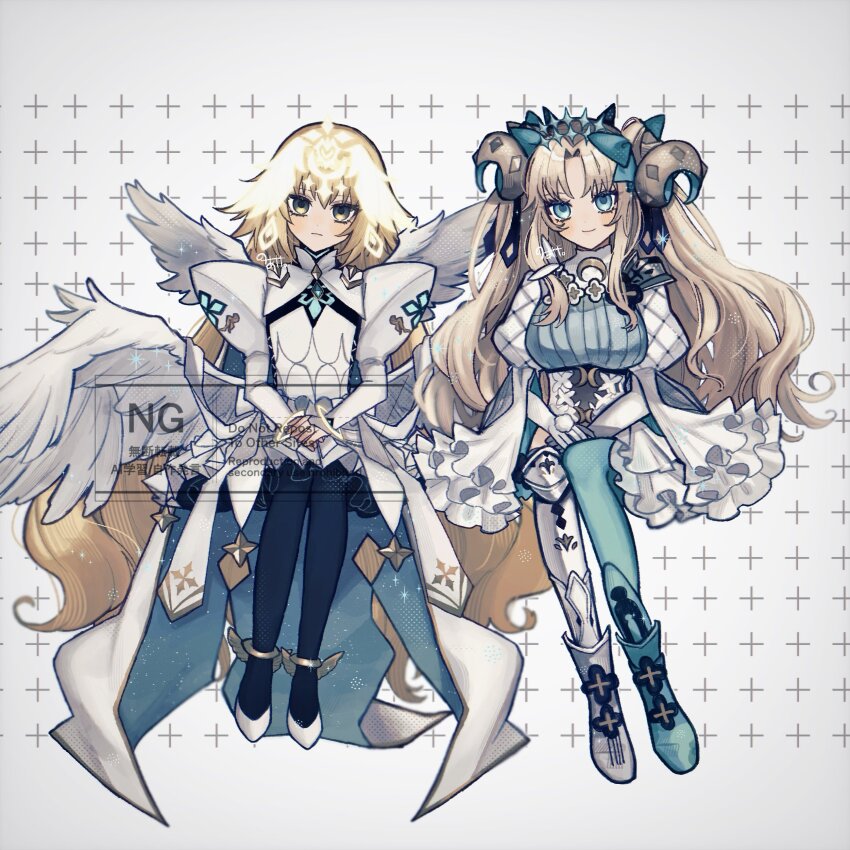 2girls absurdres angel_wings black_pantyhose blonde_hair bow bracelet breasts bridal_gauntlets curled_horns dress elbow_gloves ereshkigal_(fate) fate/grand_order fate_(series) feathered_wings frills gloves green_eyes green_pantyhose hair_bow headpiece highres horns jeanne_d&#039;arc_(fate) jewelry juliet_sleeves large_breasts leotard long_hair long_sleeves looking_at_viewer medium_breasts metatron_jeanne_(fate) metatron_jeanne_(third_ascension)_(fate) multiple_girls multiple_wings noa_pisces pantyhose parted_bangs puffy_sleeves single_leg_pantyhose single_thighhigh smile space_ereshkigal_(fate) space_ereshkigal_(third_ascension)_(fate) thighhighs two_side_up very_long_hair white_dress white_gloves white_leotard white_thighhighs wings yellow_eyes