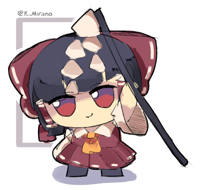 1girl 7-mirano ascot bow brown_hair character_doll closed_mouth detached_sleeves doll dress frills full_body fumo_(doll) gohei hair_bow hair_tubes hakurei_reimu hat highres holding holding_gohei looking_at_viewer red_bow red_eyes ribbon short_hair skirt smile solo touhou