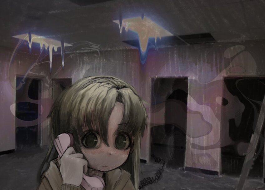 1girl blonde_hair brown_hoodie character_request commentary copyright_request distortion doorway english_commentary green_eyes holding holding_phone hood hood_down hoodie horror_(theme) indoors liminal_space long_hair phone scared solo weirdcore zoolpal