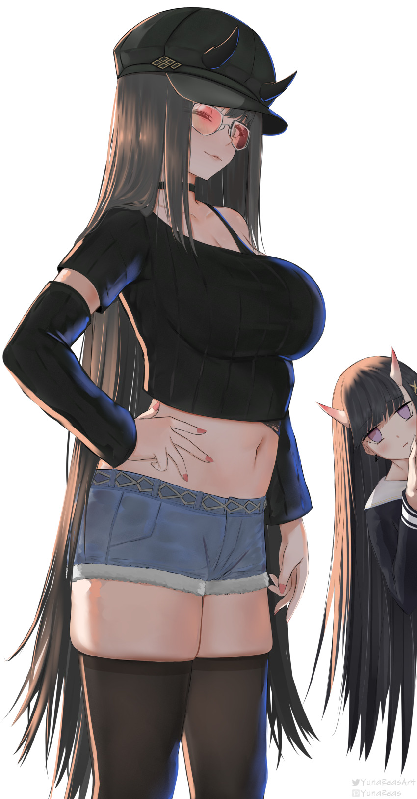 2girls absurdres azur_lane black_choker black_hair black_shirt blue_eyes blush breasts choker cosplay costume_switch hand_on_own_hip hat highres horns horns_through_headwear large_breasts long_hair looking_at_viewer medium_breasts multiple_girls navel noshiro_(azur_lane) noshiro_(azur_lane)_(cosplay) noshiro_(dressed-up_date)_(azur_lane) official_alternate_costume one_eye_closed ponytail ryuuhou_(azur_lane) shirt shorts single_bare_shoulder solo_focus thighhighs very_long_hair white_background yunareas