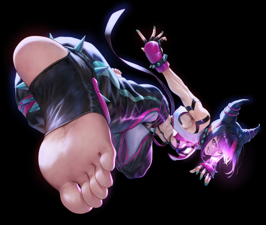 1girl absurdres barefoot black_hair feet fingerless_gloves gloves glowing glowing_eye grin han_juri highres kicking long_hair looking_at_viewer mugetsu2501 pink_eyes smile soles stirrup_legwear street_fighter toeless_legwear toes toned toned_female