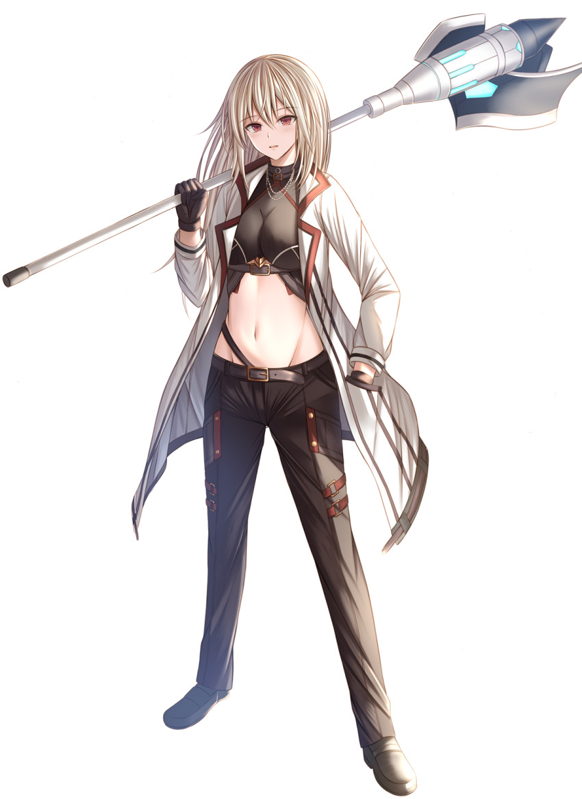 1girl belt black_gloves black_pants black_shirt blonde_hair breasts brown_eyes cleavage coat crop_top cropped_shirt full_body gloves hand_in_pocket highres holding holding_polearm holding_weapon kanpyou_(hghgkenfany) long_hair long_sleeves looking_at_viewer midriff navel open_clothes open_coat original pants polearm shirt shoes simple_background solo standing weapon white_background white_coat