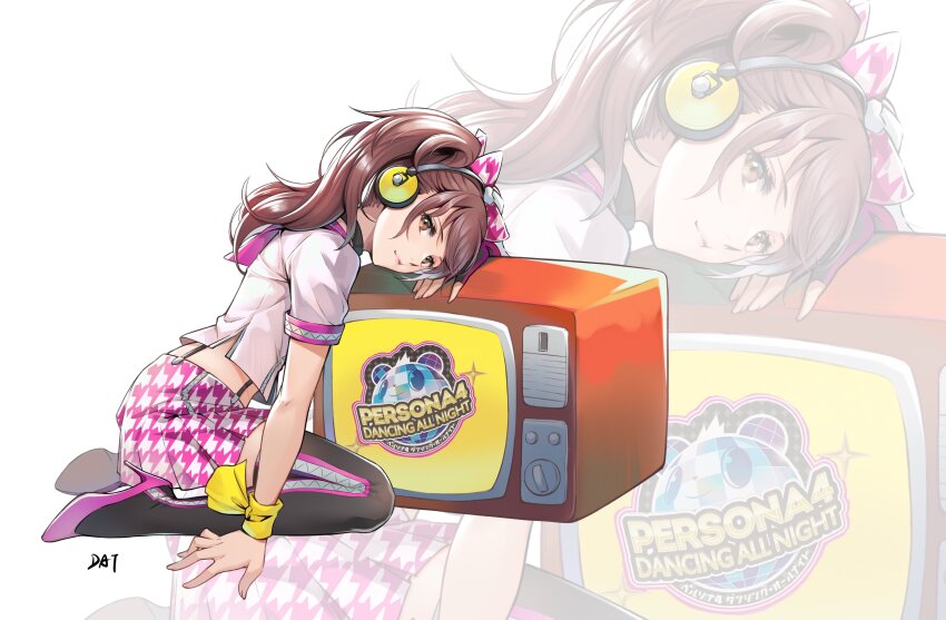 1girl absurdres bow brown_eyes brown_hair choker closed_mouth da-cart hair_bow headphones highres kujikawa_rise leaning_on_object long_hair looking_at_viewer midriff persona persona_4 persona_4:_dancing_all_night persona_dancing pink_shoes shoes skirt solo suspender_skirt suspenders swept_bangs tagme television twintails two_side_up white_background wristband