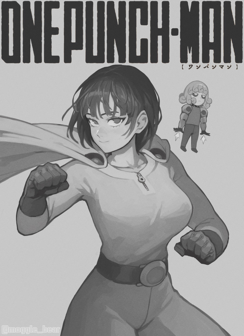2girls absurdres artist_name belt belt_buckle buckle cape clenched_hands closed_mouth copyright_name cosplay female_focus fubuki_(one-punch_man) genos genos_(cosplay) gloves highres long_sleeves looking_at_viewer mogglebear monochrome multiple_girls one-punch_man saitama_(one-punch_man) saitama_(one-punch_man)_(cosplay) smile tatsumaki twitter_username zipper