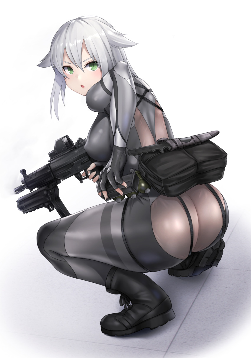 1girl ass assault_rifle bodysuit boots breasts combat_knife commentary eliminator_kaede-san explosive fingernails from_behind full_body gloves green_eyes grenade gun hair_flaps highres holding holding_gun holding_weapon knife kuratsuki_kaede kurone_rinka long_sleeves looking_at_viewer looking_back magazine_(weapon) md5_mismatch medium_breasts open_mouth resolution_mismatch rifle shiny_clothes short_hair sig_sauer sig_sg552 simple_background skin_tight solo squatting submachine_gun trigger_discipline weapon white_background white_hair