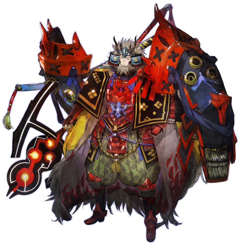 1boy armor closed_eyes fate/grand_order fate_(series) full_armor full_body game_cg helmet highres holding holding_weapon japanese_armor kabuto_(helmet) long_hair looking_at_viewer male_focus official_art samurai shoulder_armor solo standing tachi-e takeda_shingen_(fate) third-party_source toi8 transparent_background variant_set very_long_hair weapon white_hair