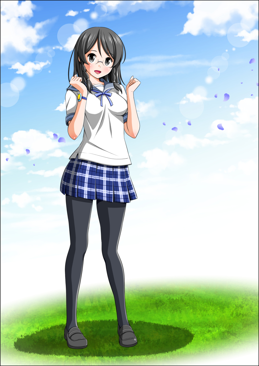 1girl absurdres arms_up blue_ribbon blue_skirt blush bracelet braid braided_sidelock breasts checkered_clothes checkered_skirt falling_petals full_body glasses grass grey_eyes grey_hair grey_pantyhose highres jewelry koeda0111 loafers medium_breasts medium_hair miniskirt open_mouth original pantyhose petals pleated_skirt ribbon sailor_collar school_uniform shimono_aoi shirt shoes short_sleeves sidelocks skirt sky slim_legs solo standing t-shirt white_shirt yotsuba_no_senki_clover_rose