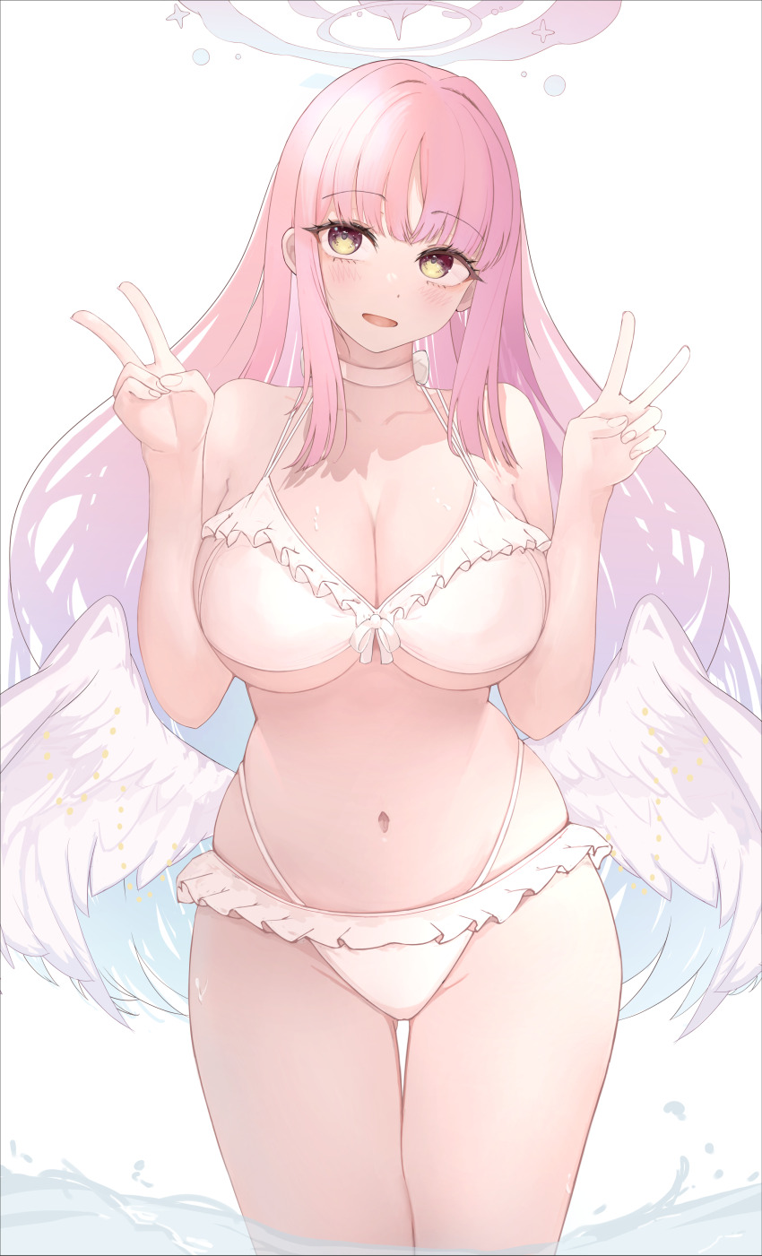 1boy absurdres angel_wings asaikeu bikini blue_archive blue_hair blush breasts choker cleavage commentary cowboy_shot double_v feathered_wings gradient_hair halo halterneck hands_up highleg highleg_bikini highres large_breasts long_sleeves low_wings mika_(blue_archive) mika_(swimsuit)_(blue_archive) multicolored_hair navel open_mouth pink_hair pink_halo simple_background solo stomach swimsuit thighs v white_background white_bikini white_choker white_wings wings yellow_eyes