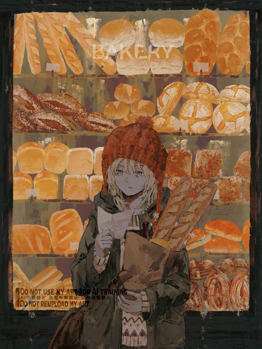 1girl bag baguette bakery blonde_hair blue_eyes bread brown_coat coat commentary flower food hat highres holding holding_bag holding_paper knit_hat knit_sweater long_sidelocks looking_at_object original paper paper_bag parted_lips pom_pom_hat_ornament popoyossy red_hat satchel shop sidelocks solo straight-on sweater upper_body watermark white_flower winter_clothes winter_coat wispy_bangs yellow_sweater