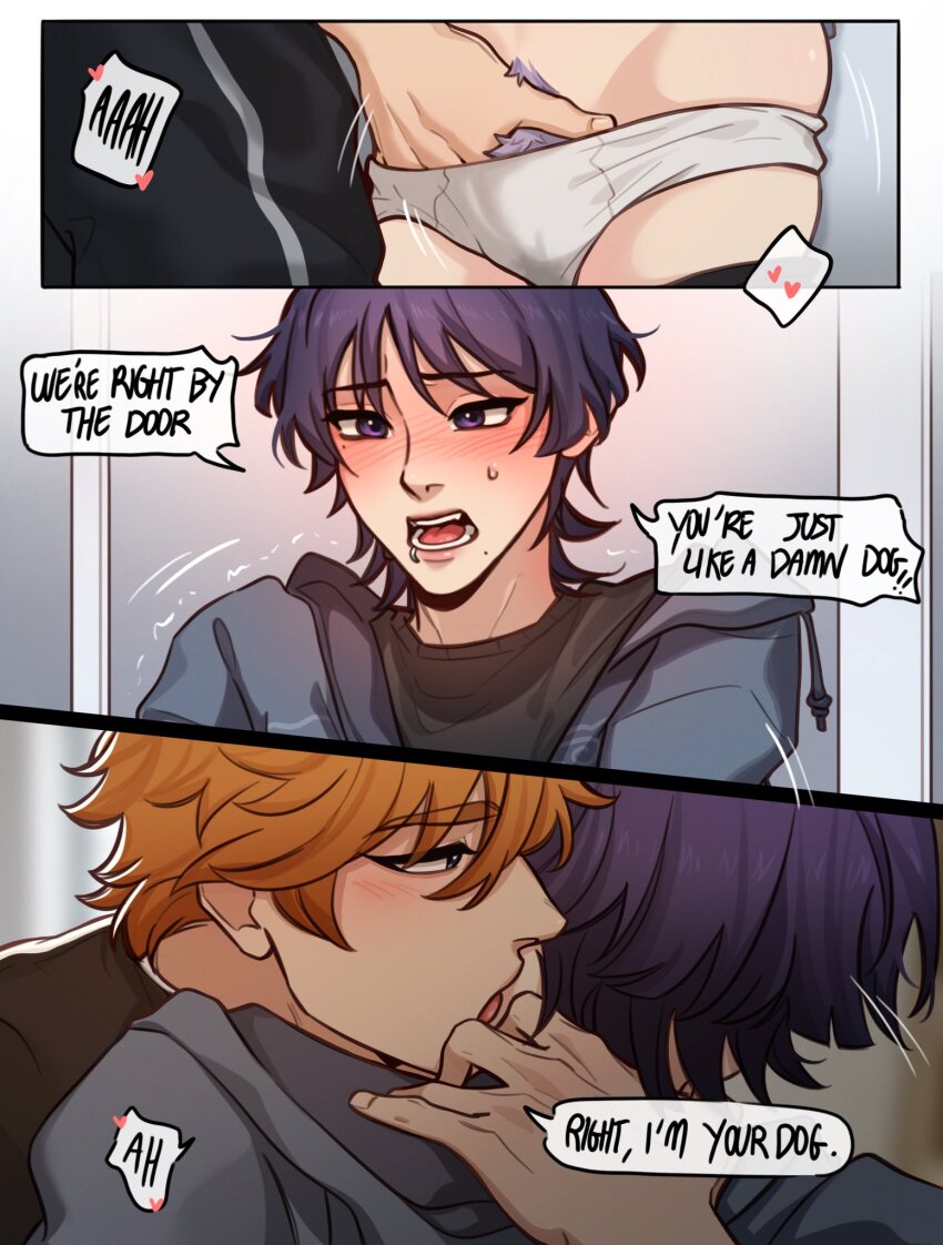 2boys black_hair black_shirt blush briefs english_text genshin_impact grey_jacket highres hood hooded_jacket jacket licking male_focus male_underwear multiple_boys open_mouth orange_hair pubic_hair purple_eyes purple_hair scaramouche_(genshin_impact) shirt short_hair speech_bubble tartaglia_(genshin_impact) tongue tongue_out underwear white_male_underwear wiistef yaoi