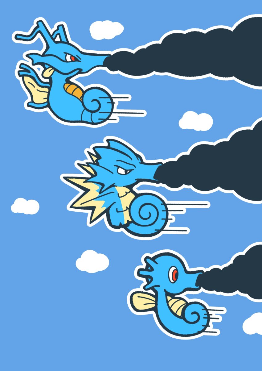 absurdres animal_focus blue_background evolutionary_line fish fukidashi_cotton full_body gen_1_pokemon gen_2_pokemon highres horsea kingdra motion_lines nintendo no_humans outline pokemon pokemon_(creature) pokemon_focus red_eyes seadra seahorse simple_background v-shaped_eyes white_outline